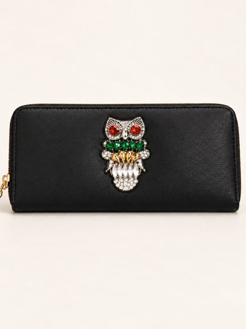 NWT Black Owl Rhinestone Faux Leather Accordion Wallet